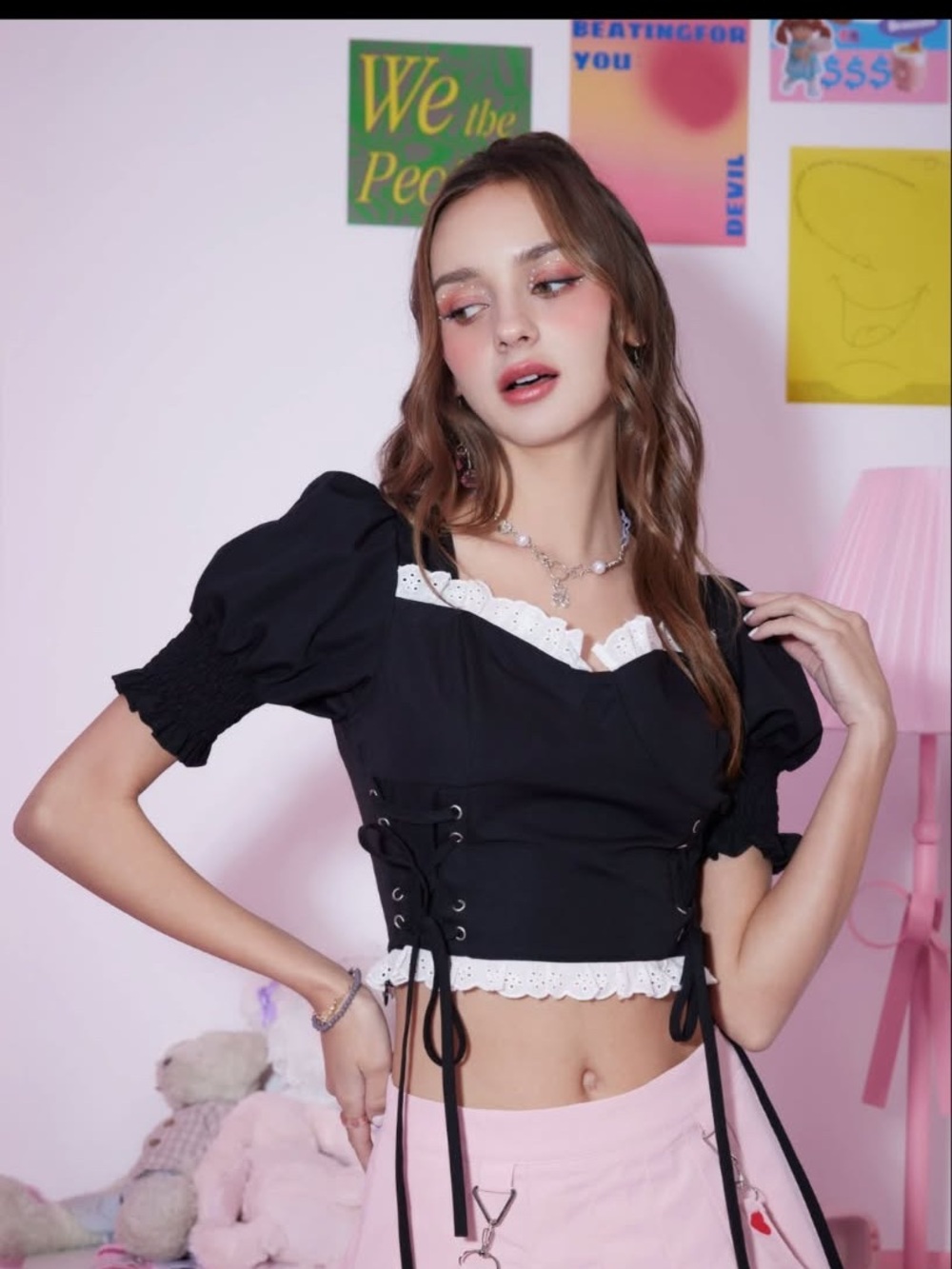 Black Puff Sleeve Lace-Trim Cropped Top